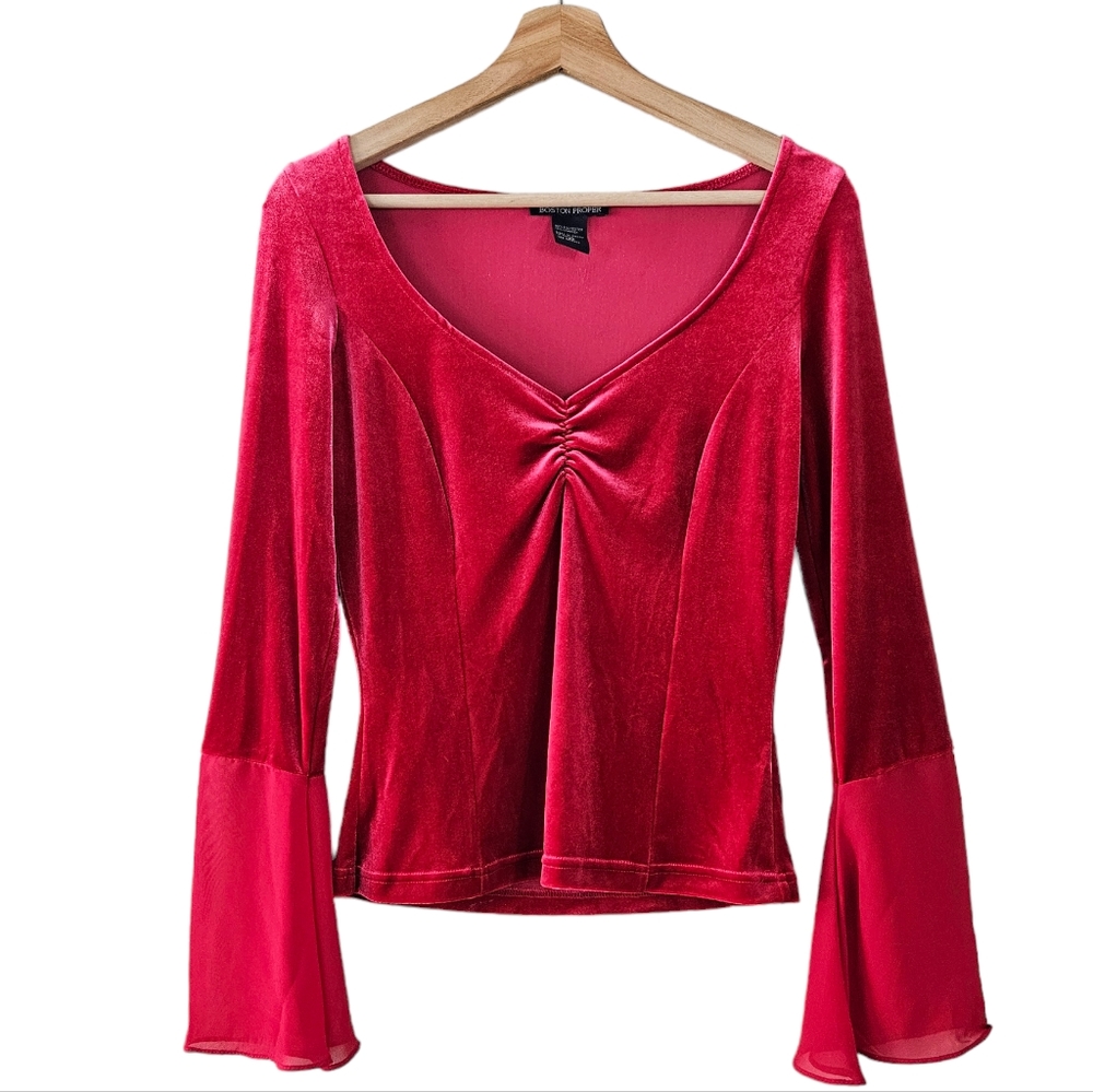 Boston Proper Red Sweetheart Velvet Bell Sleeve Top